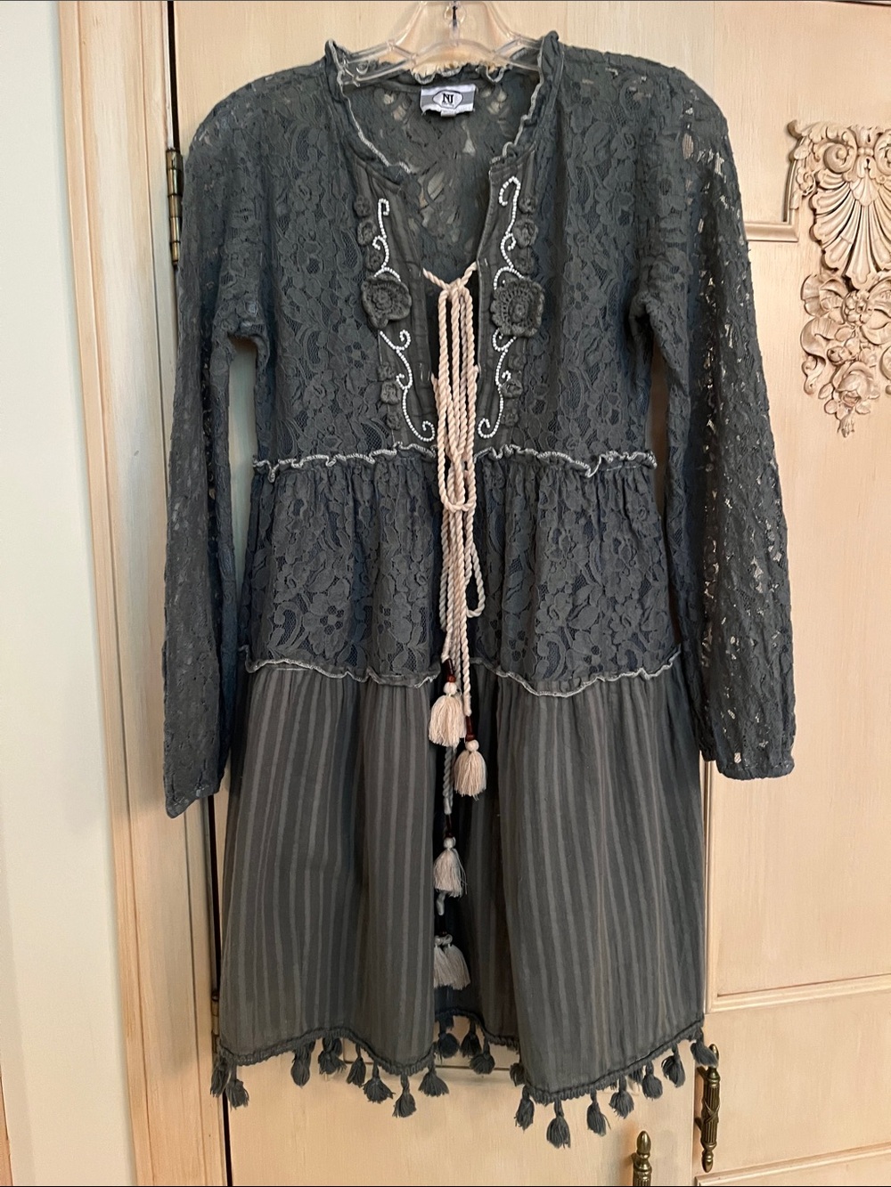 NJ COUTURE Boho Granola Girl Hippie Mixed Media Tassel Olive Mini SZ S/M "As Is"
